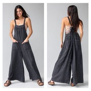 NATURAL LIFE Dakota Cotton Tie Lightweight Overall Black Washed Wide Leg Gauze